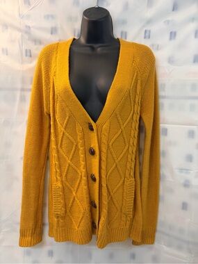 Forever 21 Mustard Cable Knit Button-Front Cardigan